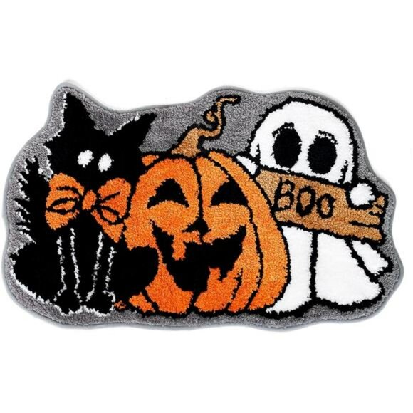 Halloween Bath Rug Ghost Pumpkin Black Cat Non Slip Tufted Bathroom Floor Mat - Picture 1 of 7